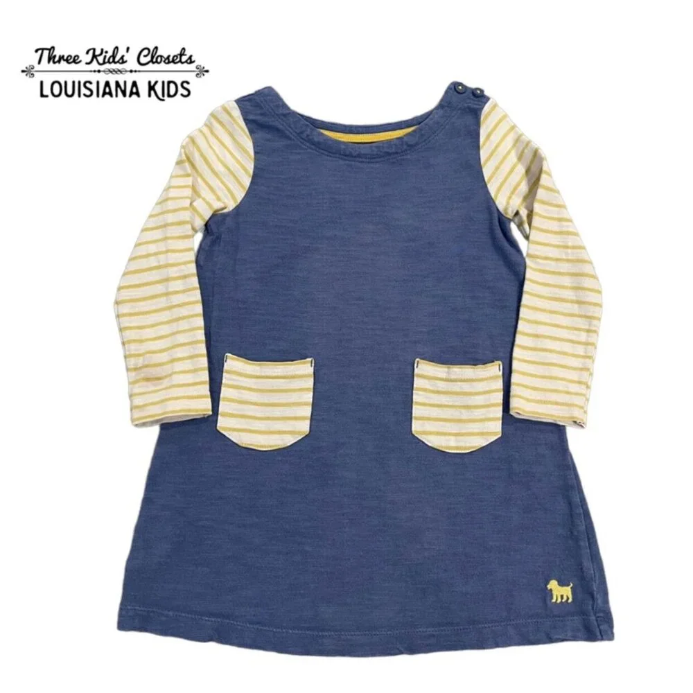 Mini Boden 2-3Y Blue & Yellow Stripes Pocket Dress